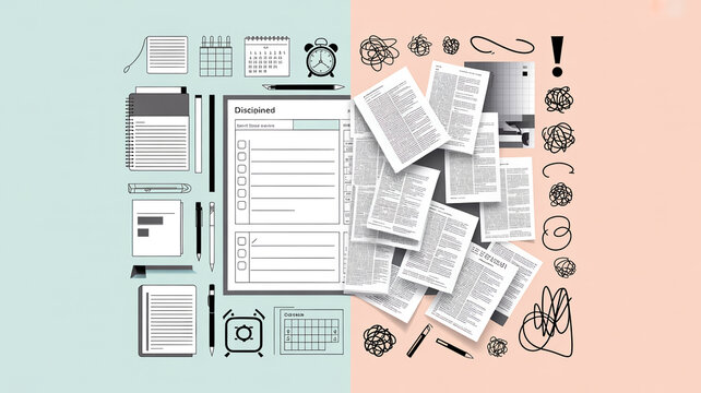 Organized planner versus chaotic paperwork, productivity and time management concept, structure vs disorder, mental clarity, modern minimal illustration