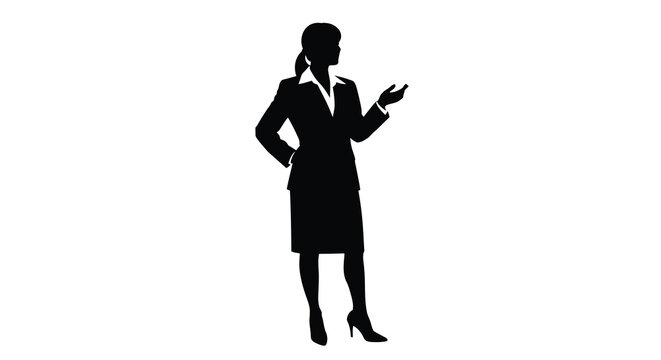 Silhouette of a businesswoman presenting with an open hand gesture
