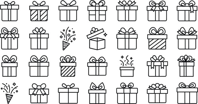 Gift box line icon set with ribbon bow and open present minimalist symbols for birthday Christmas celebration