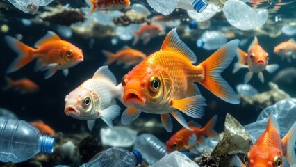 Fototapeta premium Goldfish swimming among plastic bottles in polluted water