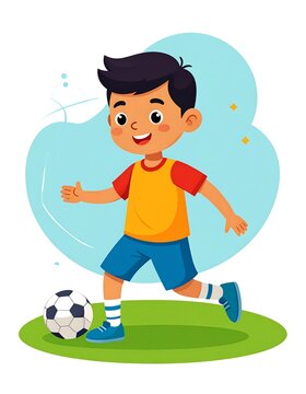 Boy kicks soccer ball, smiling. Wearing yellow & blue outfit, green grass, light blue background