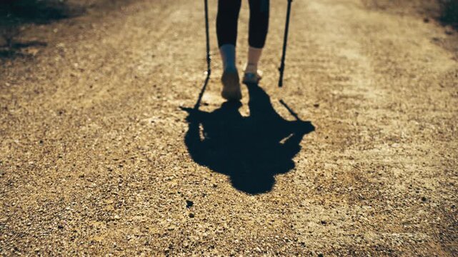 Close-up of legs of a female hiker training with trekking poles while walking on a mountain trail. Concept of fitness walking, endurance training and outdoor sport activity.