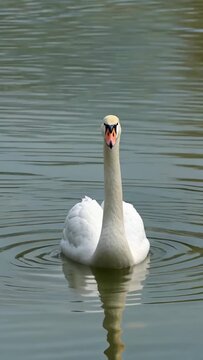 A picture of white swans swimming on the lake, with swans swimming leisurely on the lake
