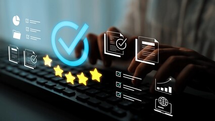 Digital interface displaying approval process with checkmarks, files, and rating stars representing...
