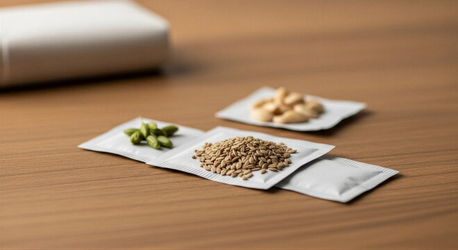 aromatic spices arranged on white paper sachets on warm wooden surface, showcasing cardamom, cumin seeds, and cashews in shallow depth of field