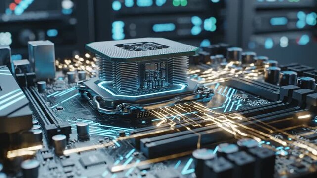 Close up of a modern computer processor on a circuit board background