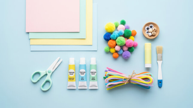 Modern minimalist preschool art supplies flat lay with colorful tools, pastel papers, soft shadows, clean aesthetic composition