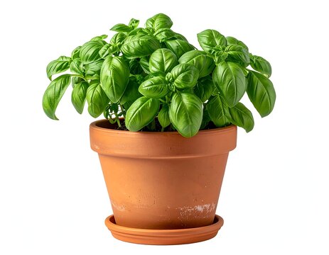 Lush basil plant overflowing from a terracotta pot, against a crisp white background
