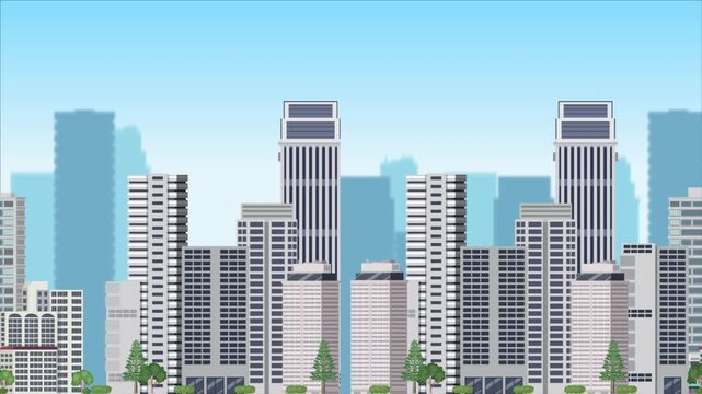 2D Cartoon City Buildings Moving to the Right Animation