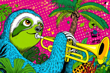 Obraz premium Pop art style illustration of a Sloth Playing Trumpet Among Tropical Plants