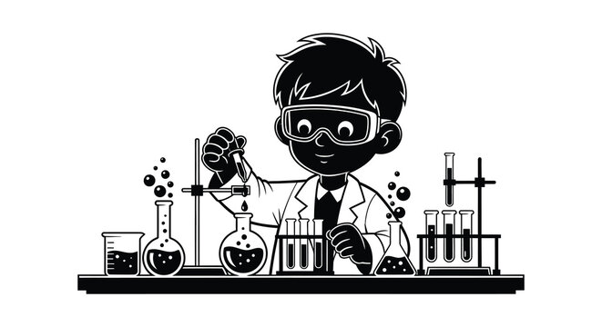 A young scientist conducts an experiment with beakers and test tubes in a black silhouette high quality professional detailed modern elegant