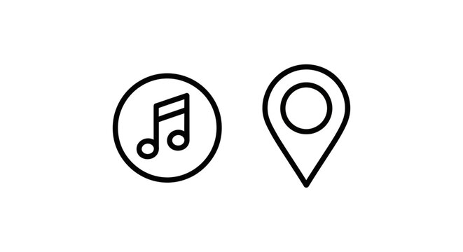 Musical note in circle icon and location pin icon representing music and place with illustration location destination navigation playlist