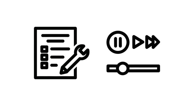 Playlist management and control icons with wrench and playback controls playlist management settings document clipboard previous interface illustration minimalist organization function
