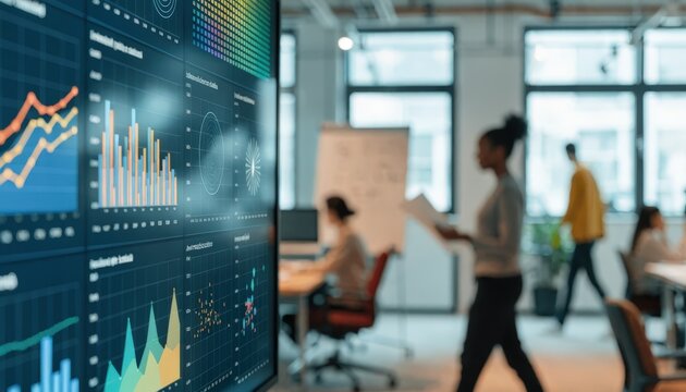 Detailed medium shot highlighting structured finance portfolio risk insurance charts with default likelihood trends while office activity remains blurred in background.