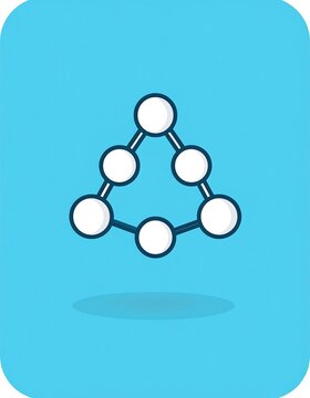 Connected spheres in triangular formation, lined in blue. Background is light cyan, rounded corners