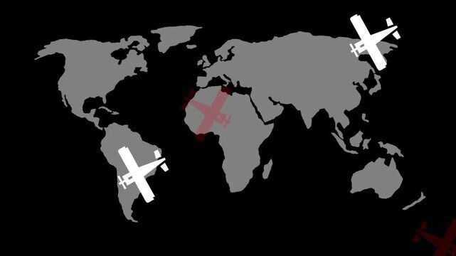 Global Aviation and Logistics Animation: Red and White Airplane Icons over Grey World Map, International Flight Paths and Connectivity Concept, Minimalist Flat Motion Graphic on Black Background