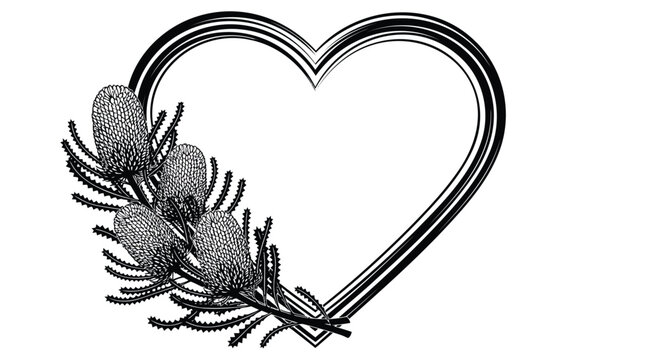 Black heart shape, floral decoration, thistle illustration, vector icon