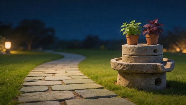 Stone pathway with potted plants at night
