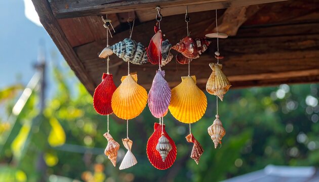Seashell mobile under wooden eaves, colorful, against a blurred green background