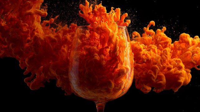 Abstract vibrant orange ink blooms within a glass against a black backdrop, artistic