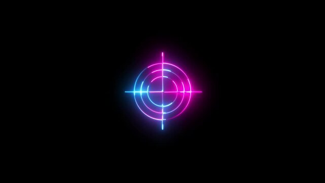 Neon light target icon animation. Military training, Military target icon animation on black background. Finding or analyzing business goals achievement, strategy, action plan.