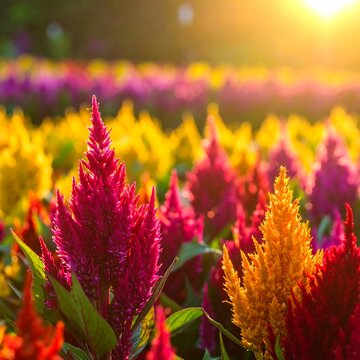 Vibrant celosia flowerbed at golden hour. Colors range from red to purple with leafy green stems