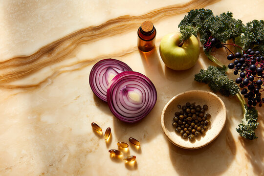 Overhead flatlay of quercetin flavonoid senolytic food sources with red onion apple kale elderberries peppercorns and amber supplement capsules on warm marble with copy space