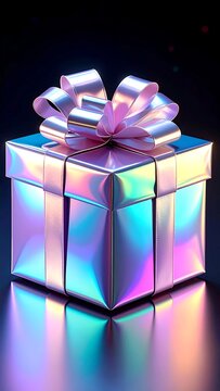 Holographic gift box with matching ribbon against a dark backdrop
