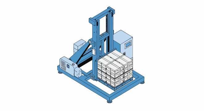 Isometric Illustration of an Automated Palletizing Machine Lifting Stacked Cardboard Boxes for Warehouse Logistics and Industrial Automation