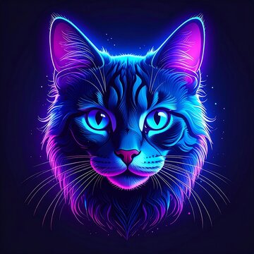 Cat portrait vibrant blues/purples/pinks outline its face; glowing, piercing eyes in the darkness