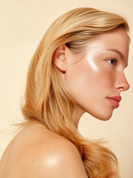 Young slim woman with long blonde hair and glowing skin in a side profile beauty portrait against a soft beige background highlighting her facial features and natural beauty