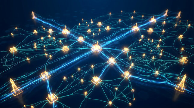 Digital visualization of interconnected global energy network nodes glowing on futuristic world map