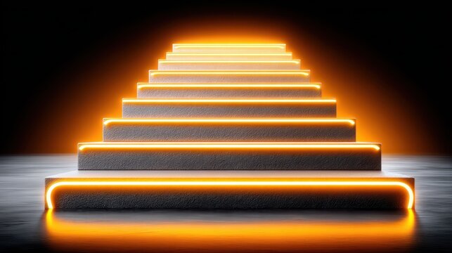 Bright orange light strips highlight each step of a modern concrete staircase. The stairs ascend from a reflective dark floor into an unlit background, creating a path towards an unseen destination