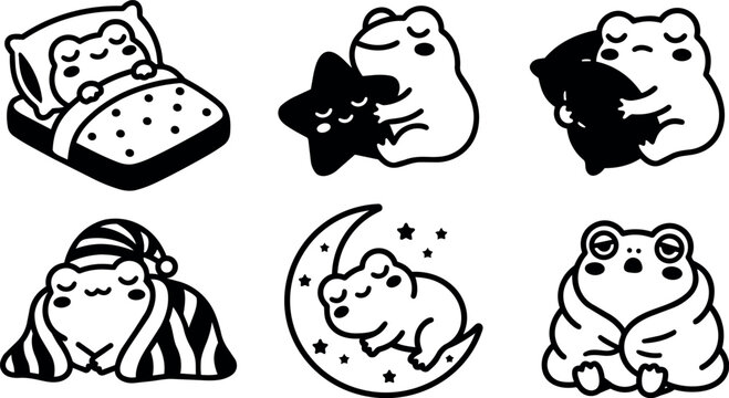 Black and white vector art cute sleeping and hugging frogs with stars and moon