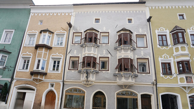 Facades of historical buildings at city center of Vipiteno Sterzing, in South Tyrol in northern Italy.