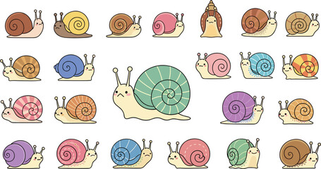 Large set of cute cartoon snail vector illustrations featuring various colorful shells and charming facial expressions isolated on white background © MDFiroj