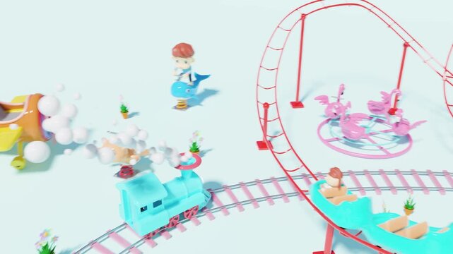 3d amusement park with railroad tracks, roller coaster, ferris wheel, unicorn spring rider, carousel, merry go round, castle, towers. high angle, 3d render illustration
