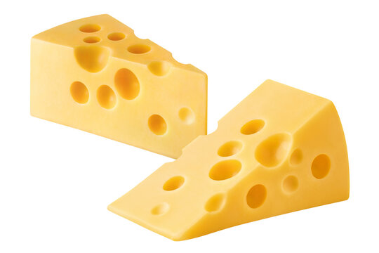 Delicious swiss cheese wedges, isolated on cutout transparent background