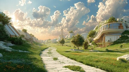 Fototapeta premium Idyllic landscape with modern architecture and paved pathway under cloudy sky