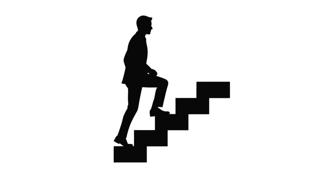 Silhouette of a man ascending a staircase against a white background