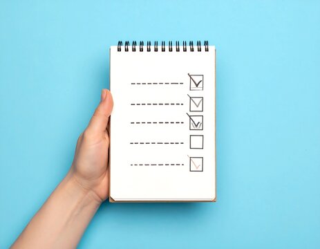 Hand holding a spiral notebook with a checklist. Most items are checked