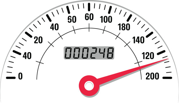 Car speedometer vector illustration with red needle and digital odometer displaying high speed for automotive dashboard and transportation performance designs.