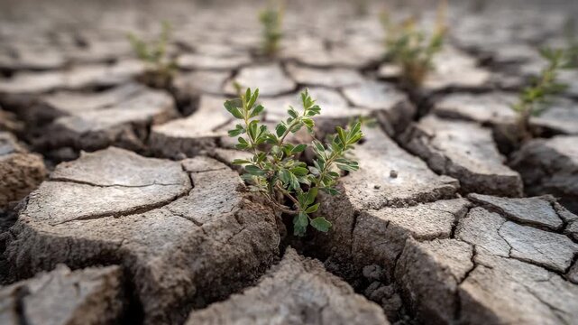 Drought plant survival growing through cracked dry soil