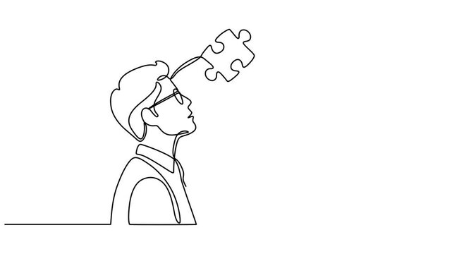 Animated self drawing of continuous line draw businessman showing puzzle that connected. Concept of teamwork, missing link puzzle piece, solution abstract concept. Full length one line animation. 4K, 