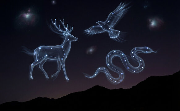 Constellations forming living creatures (deer, bird, snake) made of starlight lines and glowing nodes, slowly moving across the sky, semi-transparent bodies, dark space background.