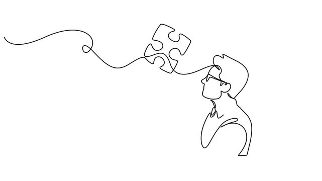 Animated self drawing of continuous line draw businessman showing puzzle that connected. Concept of teamwork, missing link puzzle piece, solution abstract concept. Full length one line animation. 4K, 