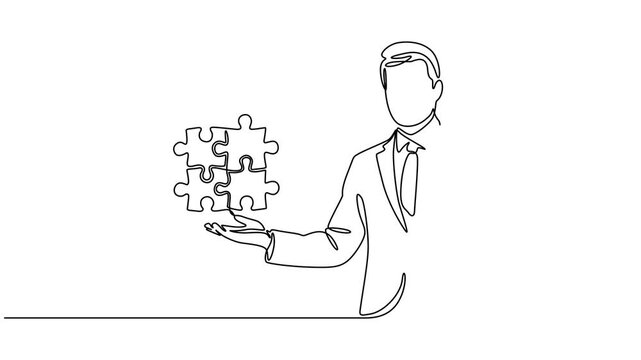 Animated self drawing of continuous line draw businessman showing puzzle that connected. Concept of teamwork, missing link puzzle piece, solution abstract concept. Full length one line animation. 4K, 