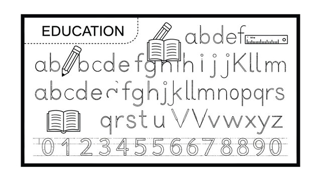 Alphabet and Number Worksheet: A black and white illustration of an educational worksheet, designed to teach the alphabet and numbers with a minimalist aesthetic.