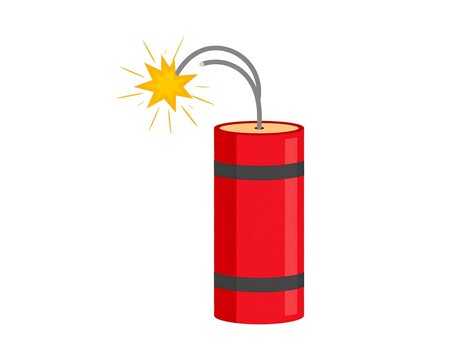 Cartoon red dynamite stick with grey fuse sparked with a starburst on a white background