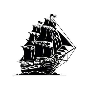 Black Silhouette of a Majestic Tall Ship Sailing on the Ocean.